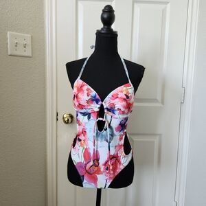 Venus White Red Watercolor Floral Cutout One Piece Swimsuit 2
